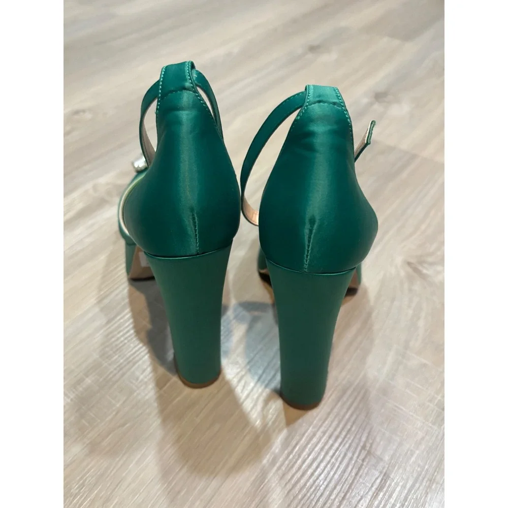 Emerald Green Satin Platform Pumps Pearl Buckle Ankle Strap Block HeelPointedToe